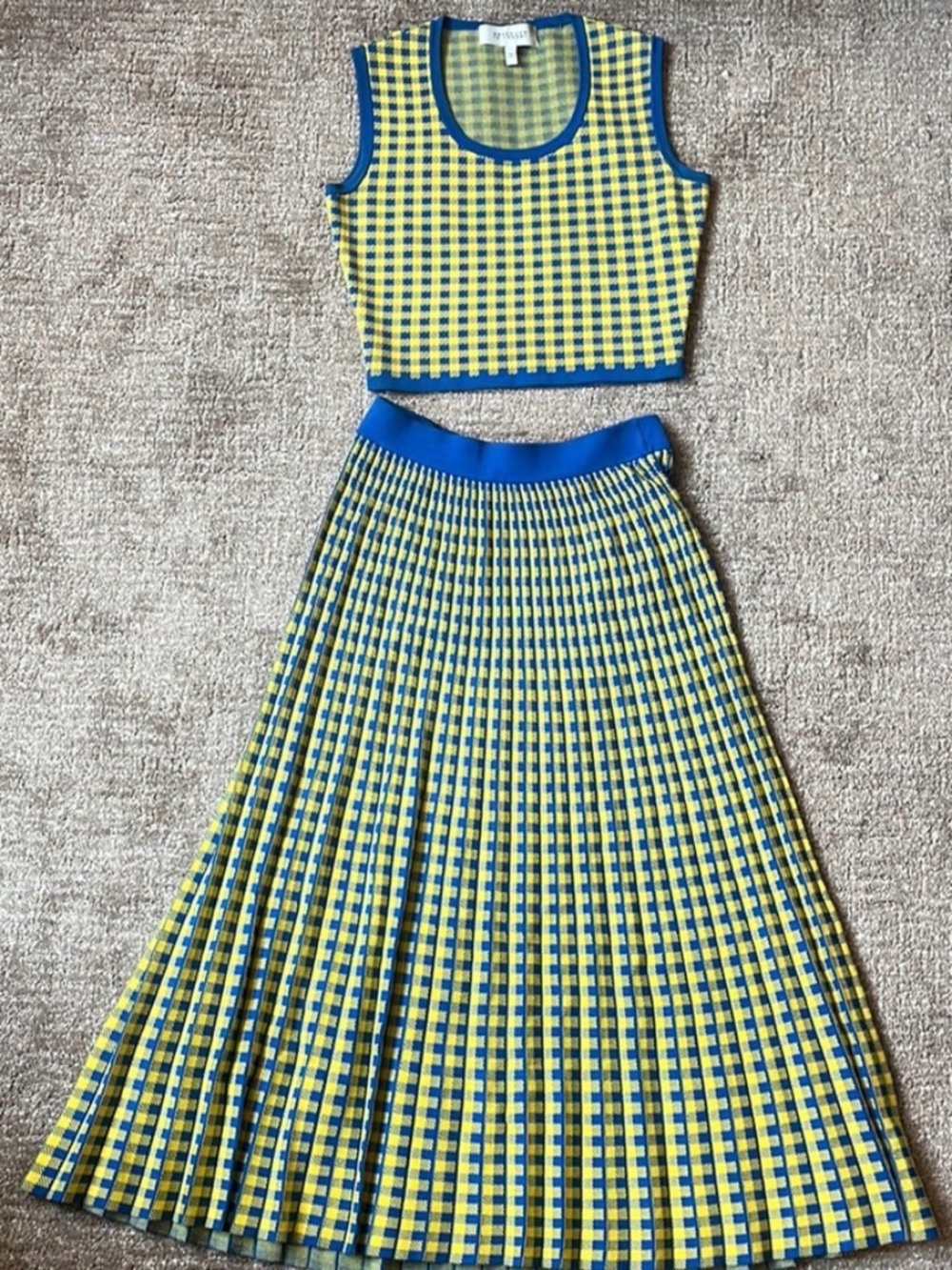 NWT Derek Lam 10 Crosby Pleated Gingham Midi Skirt Set royal blue & canary check